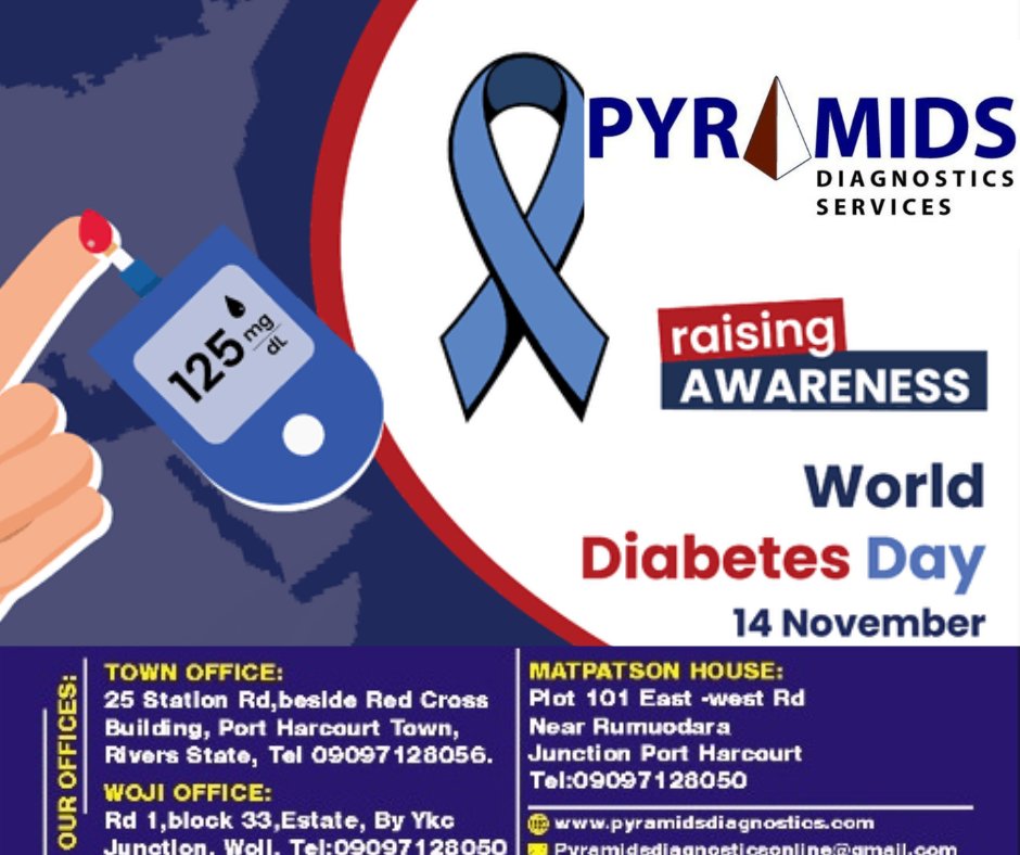 PyramidsDiagno1's tweet photo. Today is World Diabetes Day 2022
Diabetes is one of the leading cause Of Stroke, kidney failure and blindness. To prevent diabetes make good lifestyle Choices, avoid alcohol, tobacco and maintain a healthy diet. Common tests for diabetes include FBS, OGTT, HBAIC etc.
✅Contact us https://t.co/E8NGXUgepJ