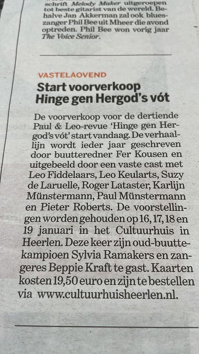 13e. De Limburger. cultuurhuisheerlen.nl/programma/hing…  Delen? Graag!