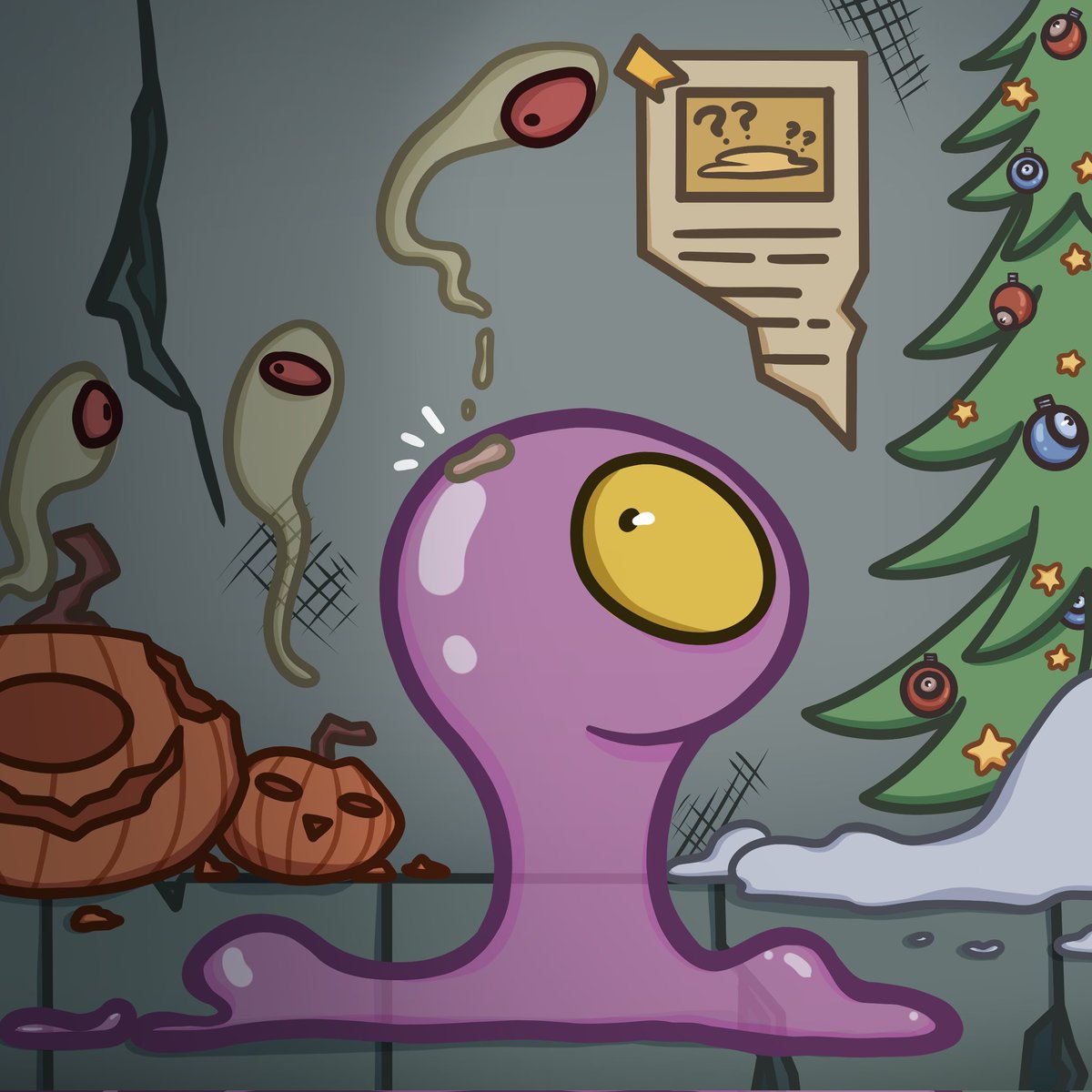 dysglopia's tweet photo. ...Jingle bells! Jingle bells! 🔔🎄

The Gloop ghosts  are now just slowly floating out in time for the festive season... yet it seems like little Gloop ghost wanted to leave Purple Gloop with something to bring to the new season! Oh dear! 👻😳

#Dysglopia #DysglopiaArt #Gloops https://t.co/GB64w3qBj6