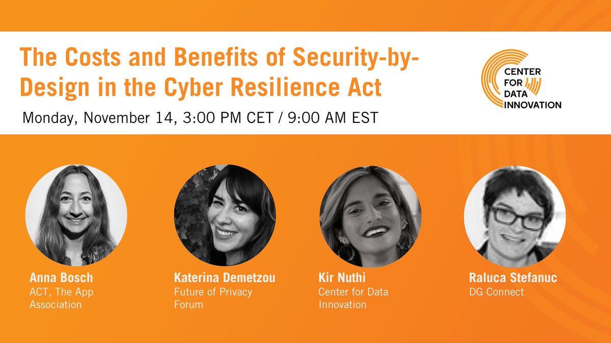 ITIFdc's tweet photo. TODAY: Join @DataInnovation's @kirtinuthi alongside industry #experts Anna Bosch (@actonlineEurope), @kate_deme (@futureofprivacy), &amp; Raluca Stefanuc (DG Connect) as they discuss security-by-design in the #EU's new Cyber Resilience Act. 📣 https://t.co/BymnaZf4kd https://t.co/k3jv64UUEt