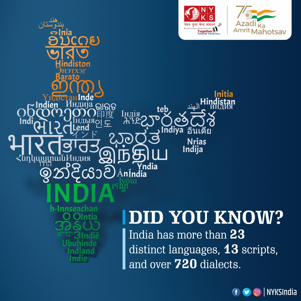 MYBharatHQ's tweet photo. 𝐃𝐢𝐝 𝐘𝐨𝐮 𝐊𝐧𝐨𝐰?

India has 23 constitutionally recognized official languages, written in 13 different scripts, with over 720 dialects. The official Indian language is Hindi (with about 422 million speakers)

#languages #india #Hindi #DidYouKnow #Facts #FactsMatter https://t.co/upKUzK2qs0