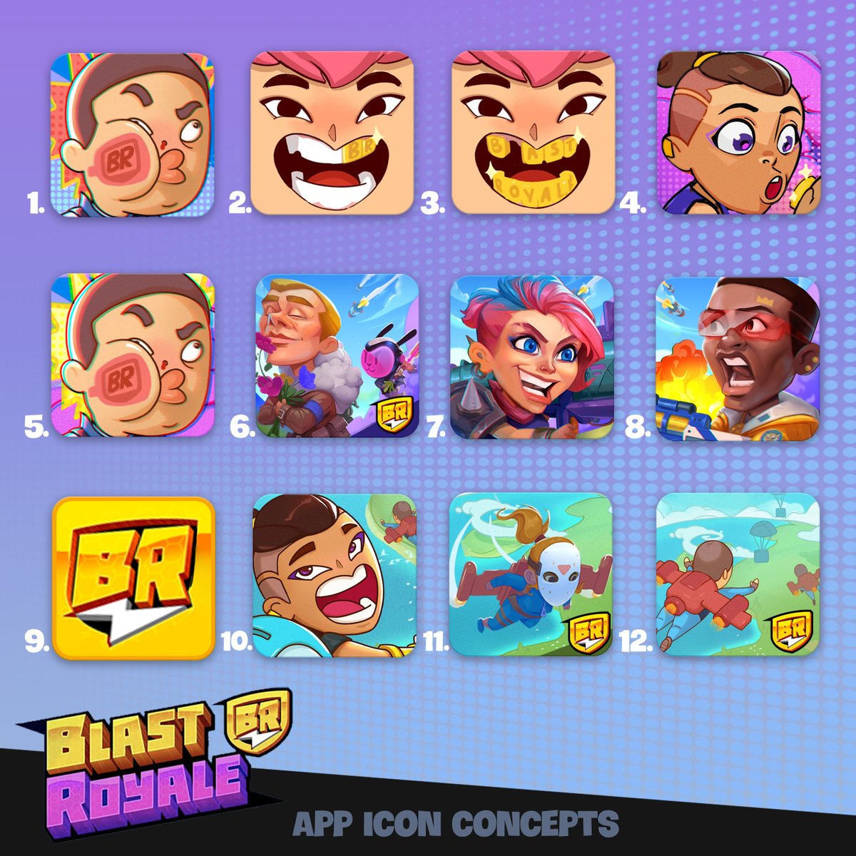blastroyale's tweet image. The art team has been busy brainstorming possible app icons as the soft launch gets closer.🎨

📱What icon would YOU like to see on YOUR screen? 

Comment the number below 👇