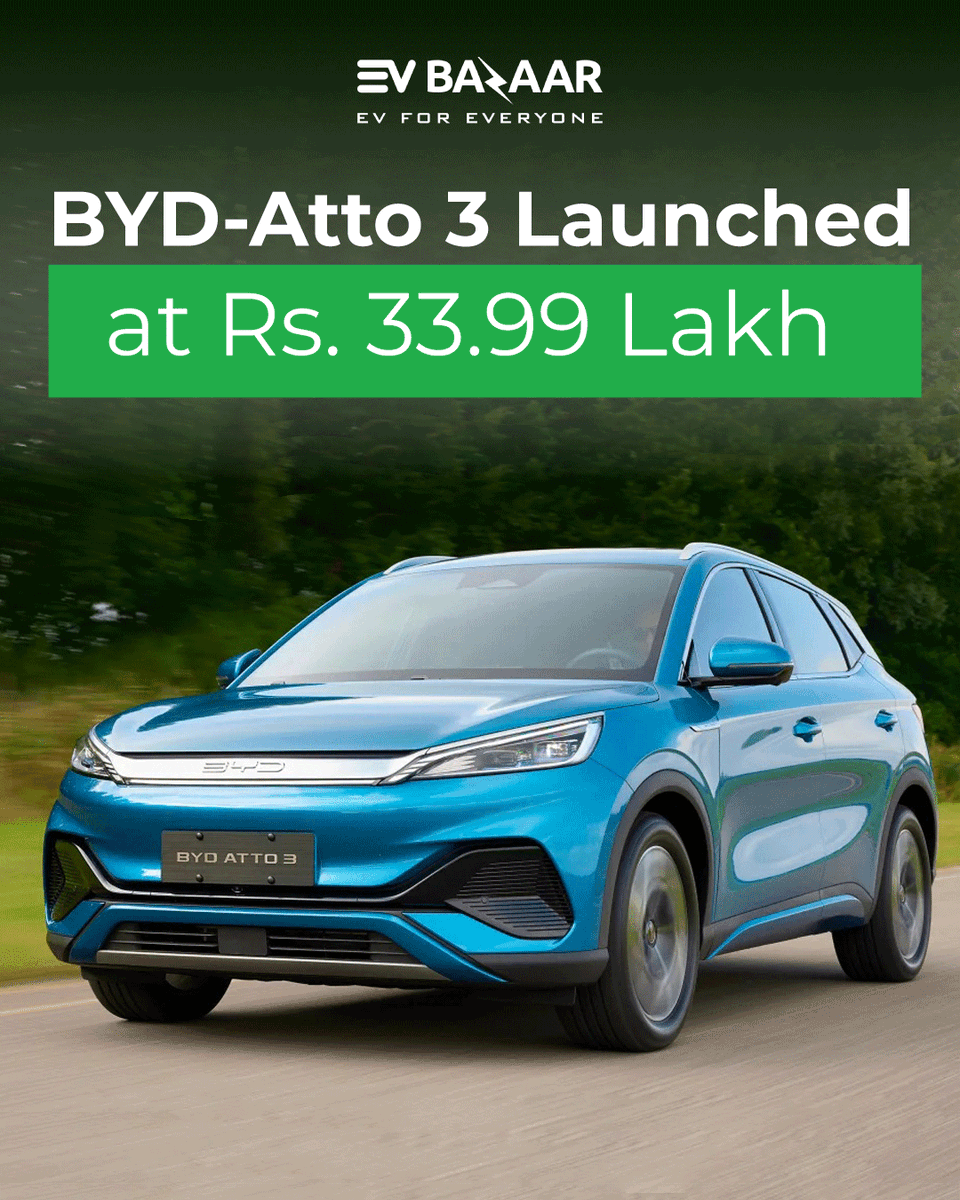 EvBazaar's tweet photo. The Atto 3 is BYD's second offering for the Indian market, it comes with a 60 kWh battery pack that gives it a WLTP range of 420 km.

On the performance front, it gets a 204 hp and 310 Nm electric motor, which can get it from 0 to 100 kmph in 7.3 seconds.

#byd #bytatto #atto3 https://t.co/mZwrqAbTvQ