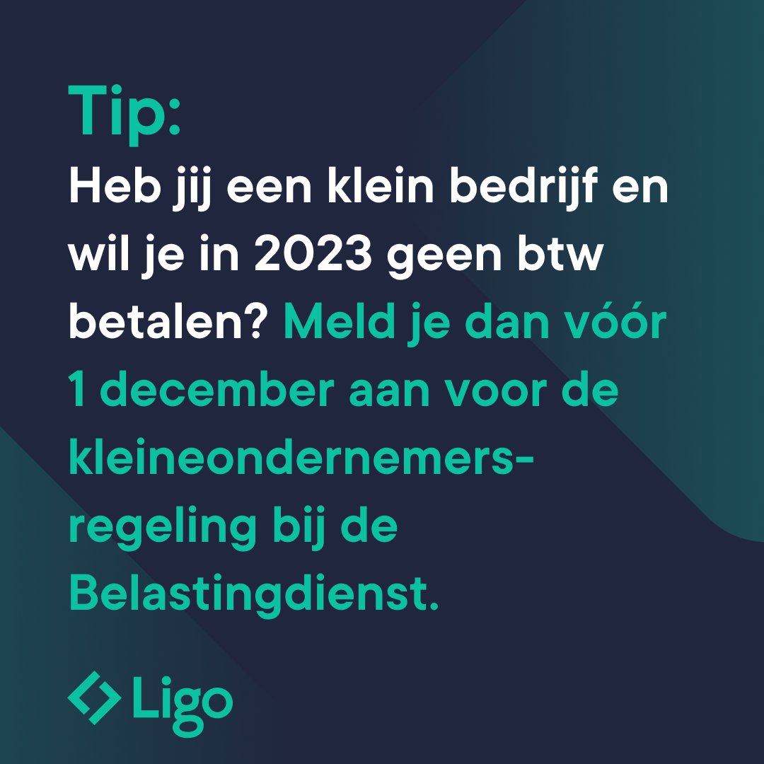 Met de kleineondernemersregeling (KOR) kan je worden vrijgesteld voor de btw. Je kan deze regeling gebruiken als je omzet onder de 20.000 euro per jaar blijft. Via deze link vind je het formulier voor de aanmelding voor de kleineondernemersregeling👇

belastingdienst.nl/wps/wcm/connec…