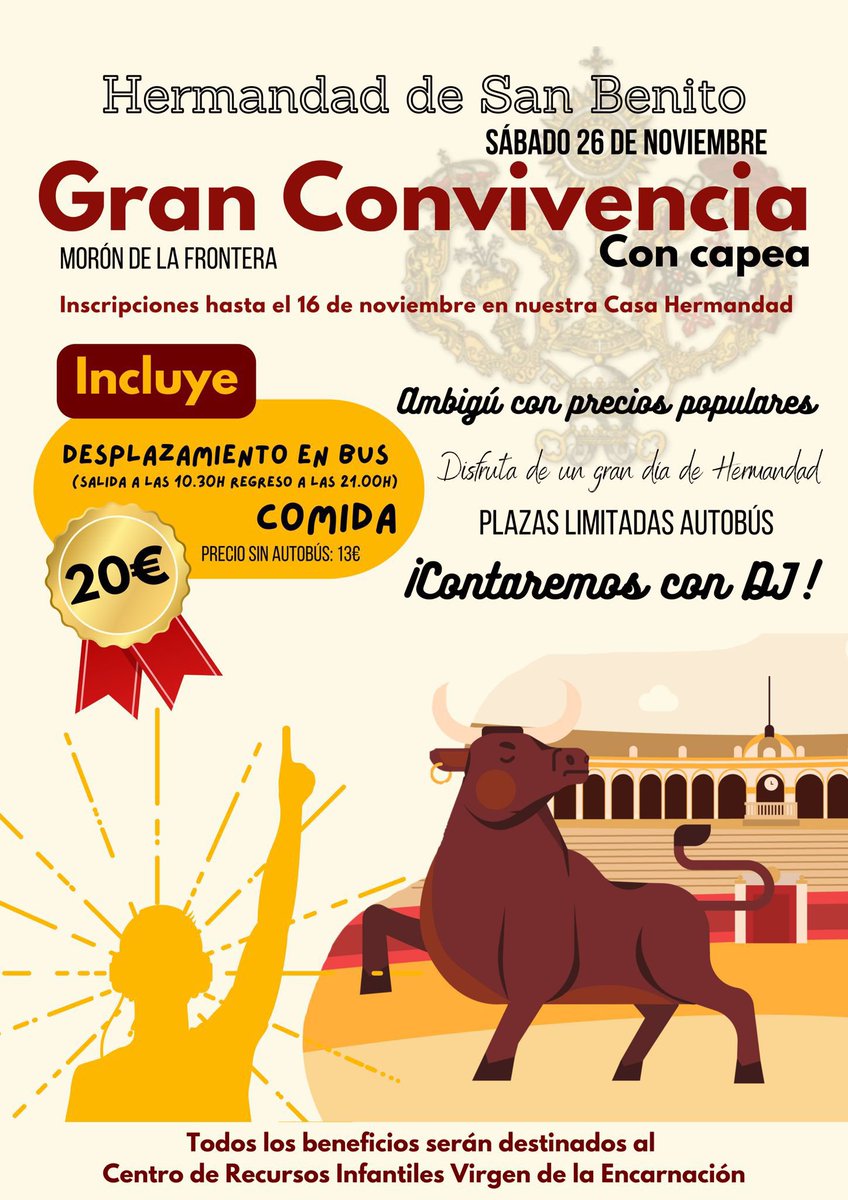 🟣 APUNTA EN TU AGENDA el día 26 de noviembre.
➡️CONVIVENCIA + Capea de nuestra hermandad. DJ y ambigú a precios populares.
✅Inscríbete en la Casa Hermandad hasta el día 16.
📌20€ con autobús incluido. (13€ sin bus - menores de 12 años sólo pagan 8€)
#SanBenito22 #TDSCofrade