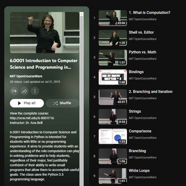 DanKornas's tweet image. Study Python Programming and Computer Science at @MIT for FREE on Youtube 🥸

They offer an applied &amp;amp; beginner-friendly introduction to common computer science concepts &amp;amp; techniques in Python

Playlist: youtube.com/playlist?list=…

Syllabus, slides, codes: ocw.mit.edu/courses/6-0001…
