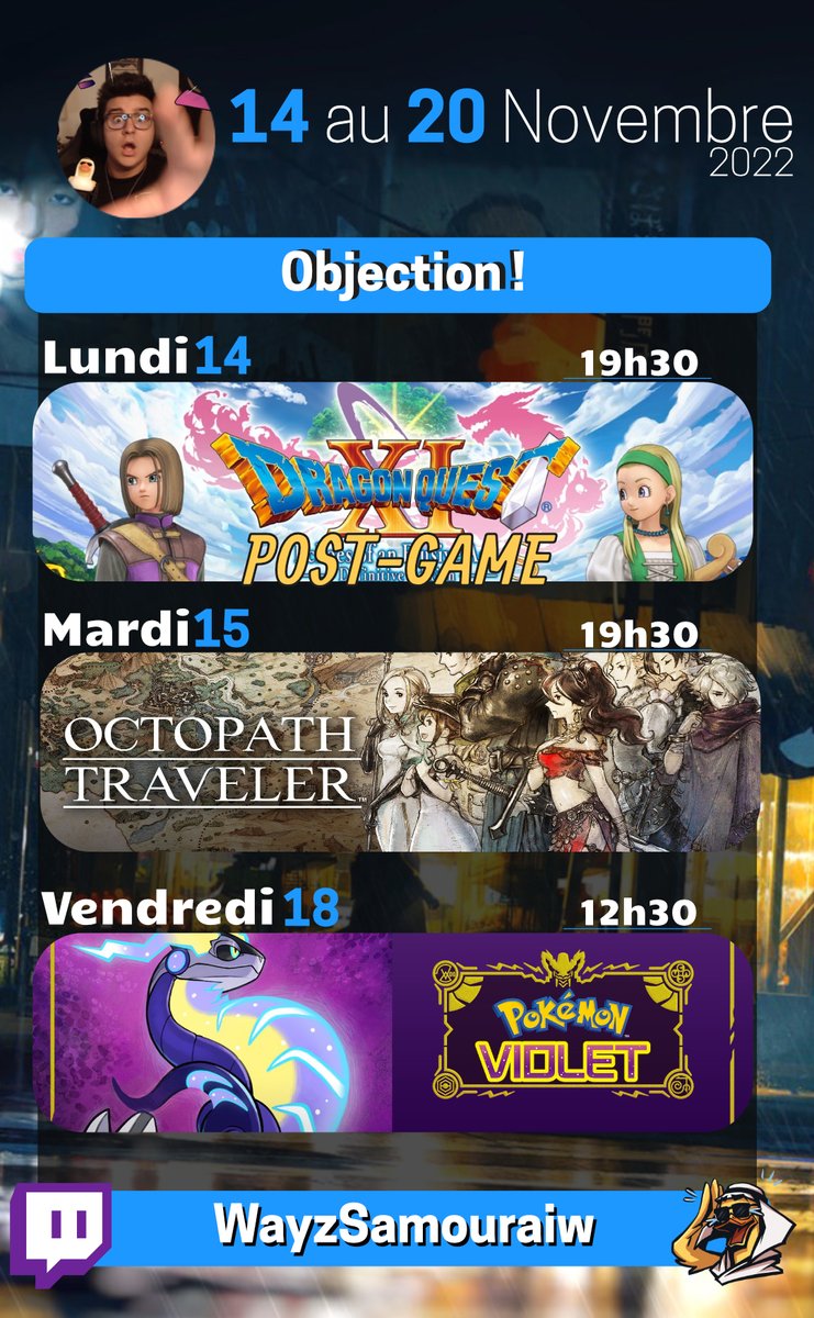 WayzSamouraiw's tweet photo. Ya grave moyen que le live de ce soir ne voit pas le jour vu que je suis grave malade mais il me reste encore le temps de voir comment mon état change avant 19h30 !

Et cette semaine ! On jouera à Pokémon juste avant d'aller au taff ! ça va être sympa ! https://t.co/jQsnVw8XAO