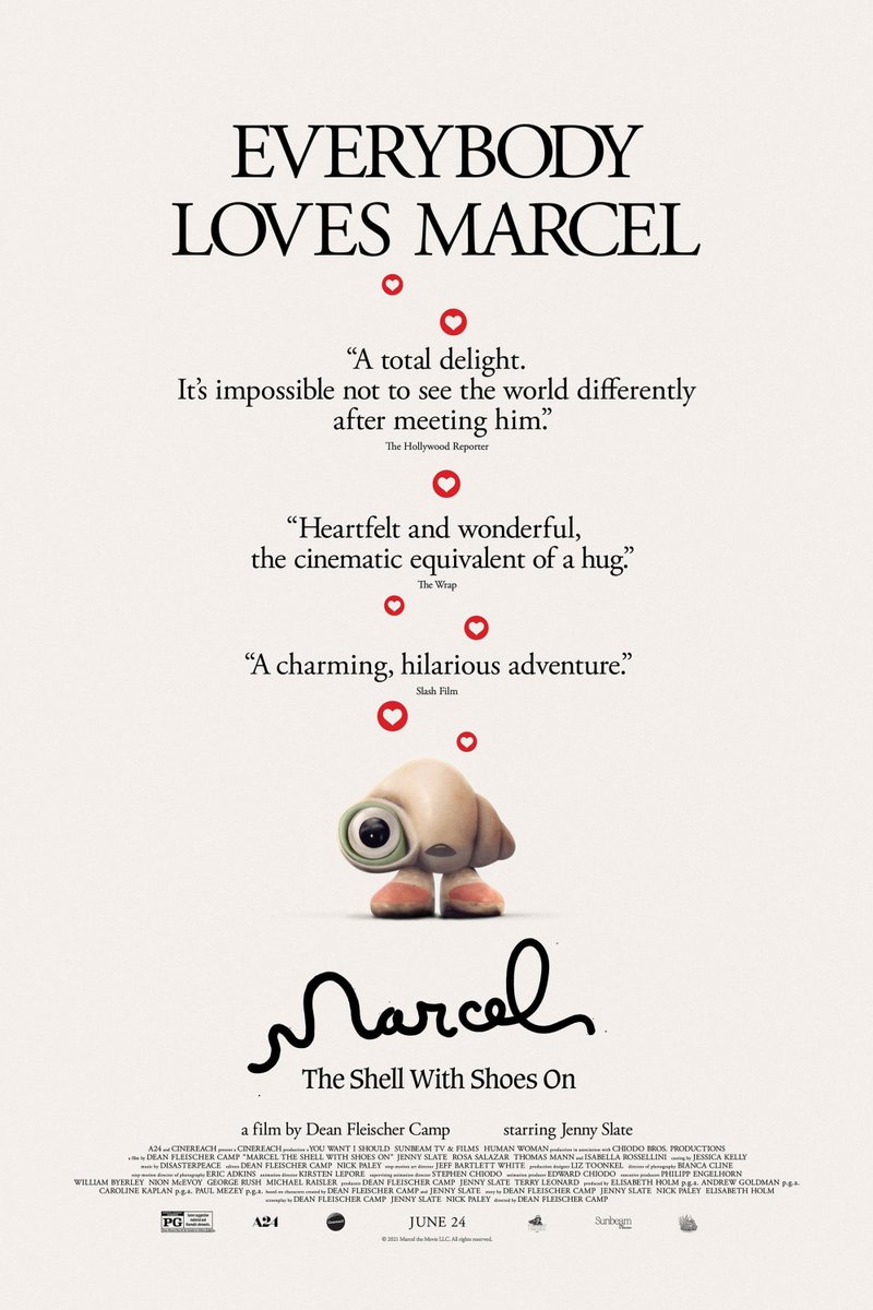 MARCEL THE SHELL WITH SHOES ON is very lovely and wholesome and nice to its core (nice-core, even) with a wonderful voice perf from Jenny Slate. A movie that makes it very hard to be cynical about even when the cutesiness feels manipulated for very 2022 adults more so than kids. https://t.co/LghuyTbCue