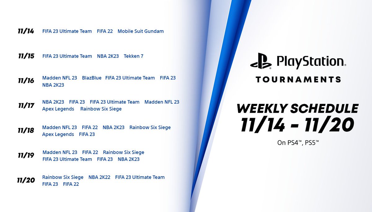 Wondering what the schedule for this week looks like? Here it is! Take part in various games and compete for prizes. 🎮 Click to register: esl.gg/PS4_Tournaments