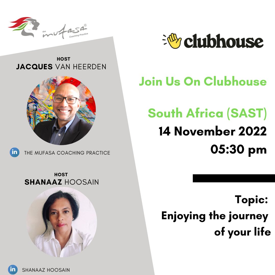 MufasaCoaching's tweet photo. Join us as we challenge and #ShiftMindsets on this #Clubhouse talk - hosted by our Founder, @Jacques_Mufasa with Senior Lecturer who has expertise in Social Work, @HoosainShanaaz
Click on the link to join talk: https://t.co/6VKq3Qgml5 https://t.co/rlGLXK6nci