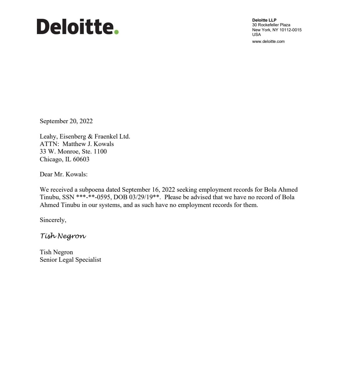 DavidHundeyin's tweet image. Bola Ahmed Tinubu has claimed that he made $1.8 million from salaries and bonuses while working a consultancy job at Deloitte USA.

So we subpoenaed Deloitte USA to provide evidence of Tinubu&apos;s employment and staff payment records, and this is what came back...