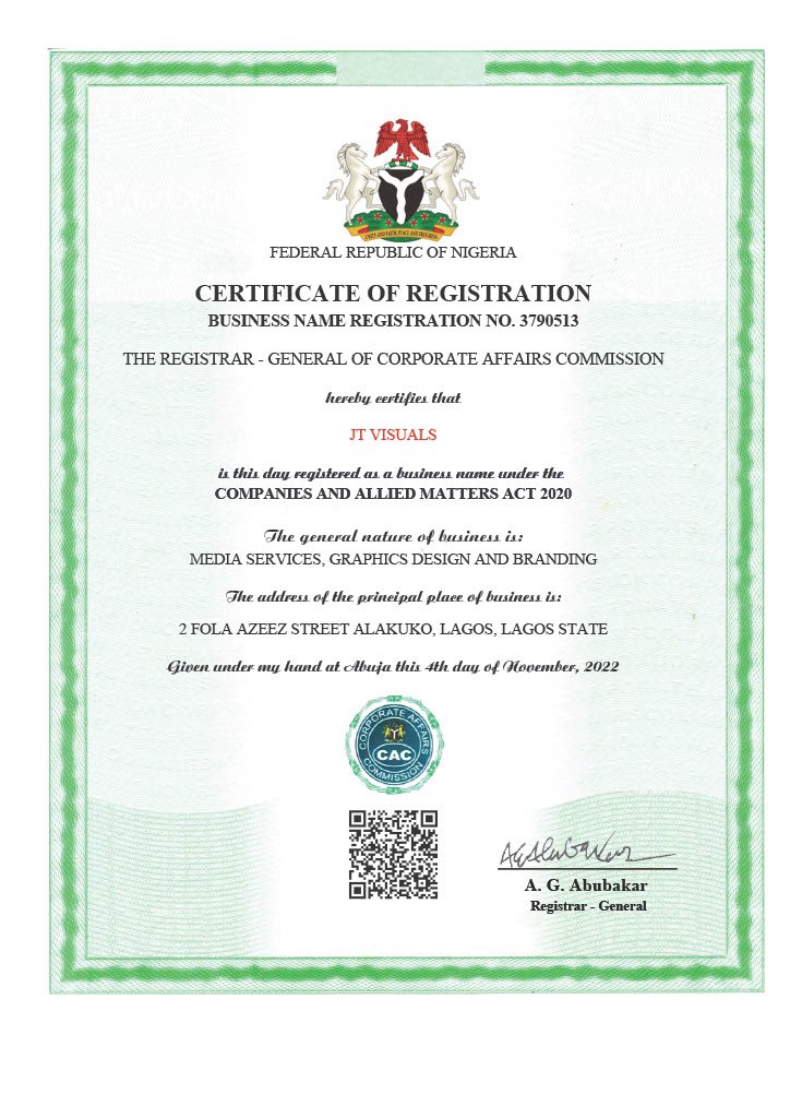 jtvisualsng's tweet photo. We’re pretty excited to let you know that our brand @jtvisualsng is now a registered company under the Corporate Affairs Commission of Nigeria (CAC) | many thanks y’all for your much appreciated support so far to the brand.
#TheVisualSolutionBrand #BrandingExpert #BrandDesigner https://t.co/nRG7QvEPwC