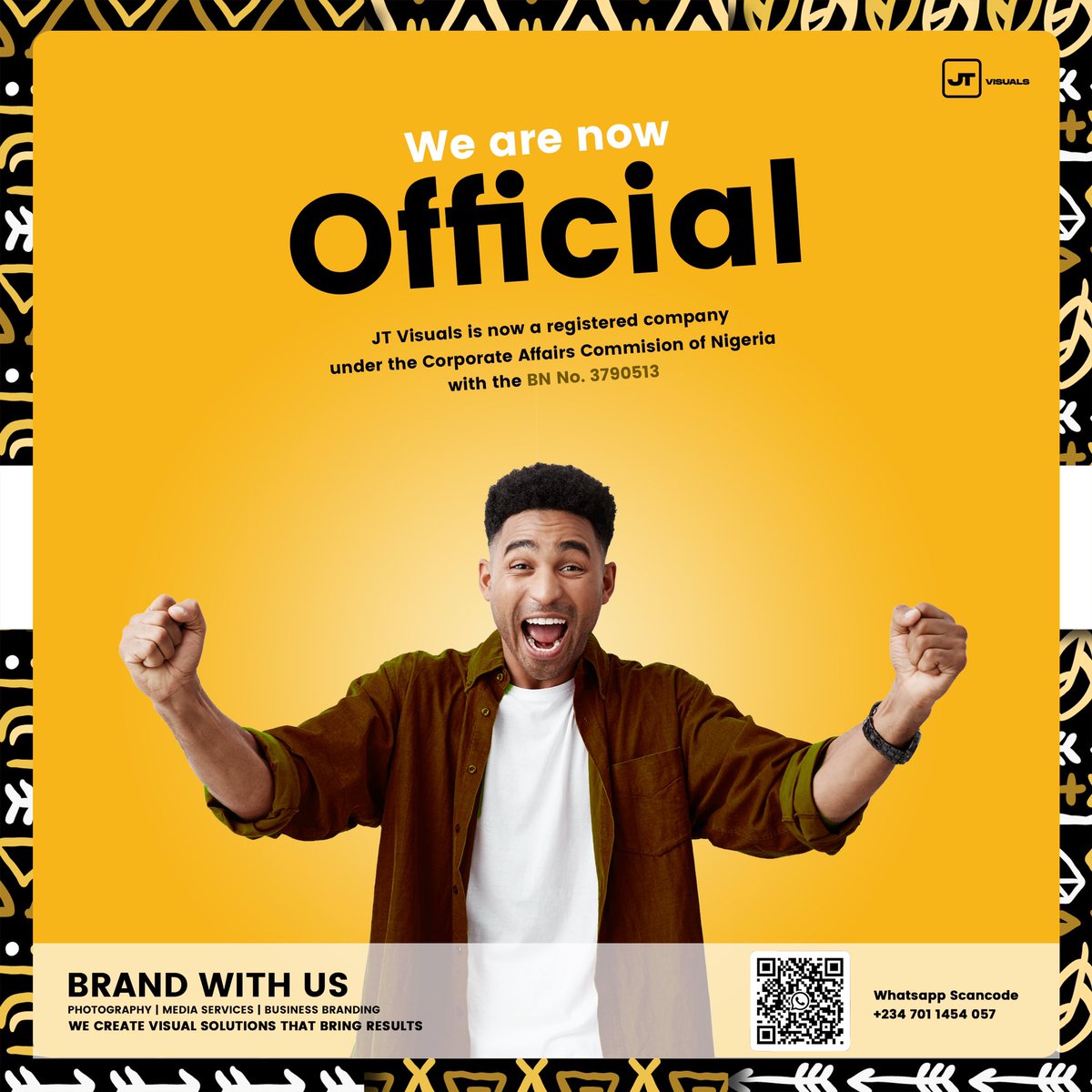 jtvisualsng's tweet photo. We’re pretty excited to let you know that our brand @jtvisualsng is now a registered company under the Corporate Affairs Commission of Nigeria (CAC) | many thanks y’all for your much appreciated support so far to the brand.
#TheVisualSolutionBrand #BrandingExpert #BrandDesigner https://t.co/nRG7QvEPwC