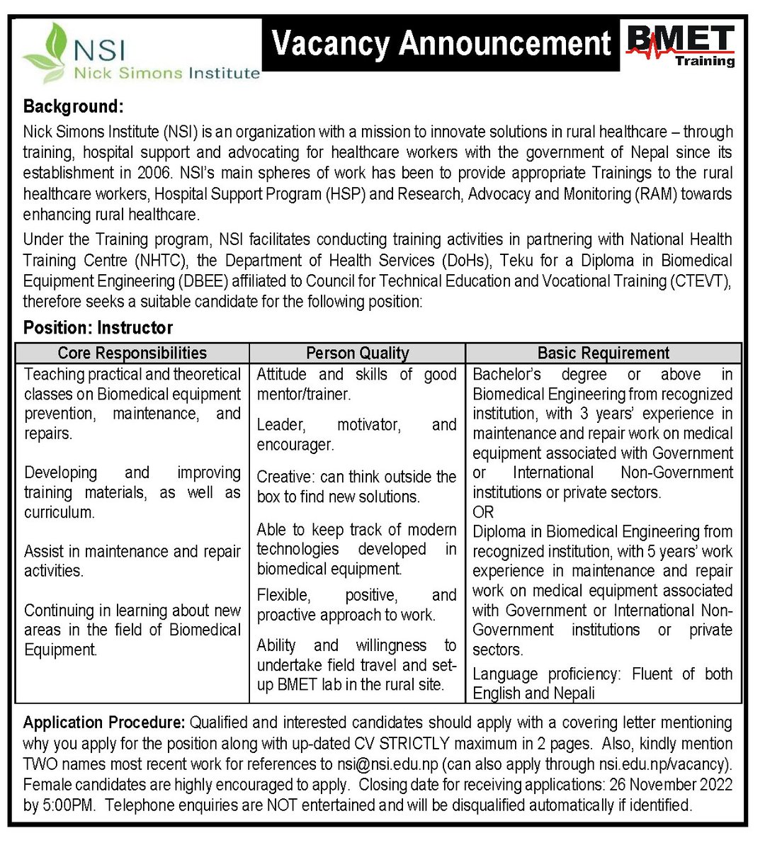 NickSimonsInst's tweet photo. Vacancy for the Position of BMET Instructor. https://t.co/utPpO3aVJF