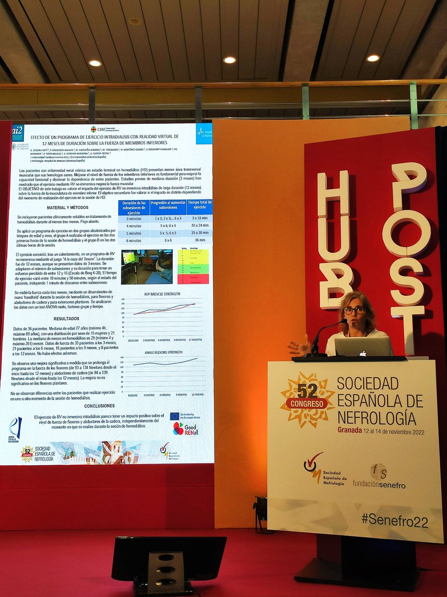 #Senefro22
Eva Segura nos muestra como el ejercicio intradiálisis, aplicado mediante un juego de realidad virtual, mejora la fuerza muscular de miembros inferiores en pacientes en HD. Con esto conseguimos disminuir la fragilidad y comorbilidad asociada.
@HospitalManises