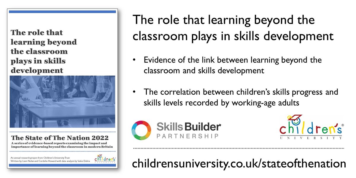 Skills Builder Partnership (@skills_builder) on Twitter photo Learning beyond the classroom has a massive and real impact on skills development. Great data analysis from <a href="/CU_Trust/">Children's University Trust</a> alongside the voice of children: childrensuniversity.co.uk/media/1477/the…
#CUStateoftheNation Learning beyond the classroom has a massive and real impact on skills development. Great data analysis from <a href="/CU_Trust/">Children's University Trust</a> alongside the voice of children: childrensuniversity.co.uk/media/1477/the…
#CUStateoftheNation