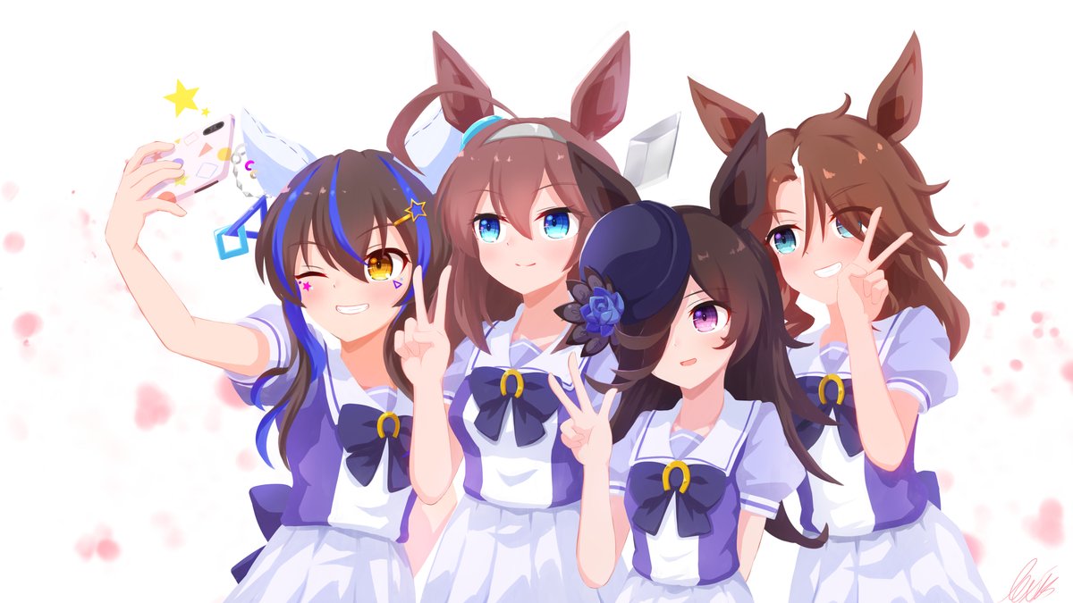 mihono bourbon (umamusume) ,rice shower (umamusume) 4girls multiple girls animal ears horse ears brown hair tracen school uniform school uniform  illustration images