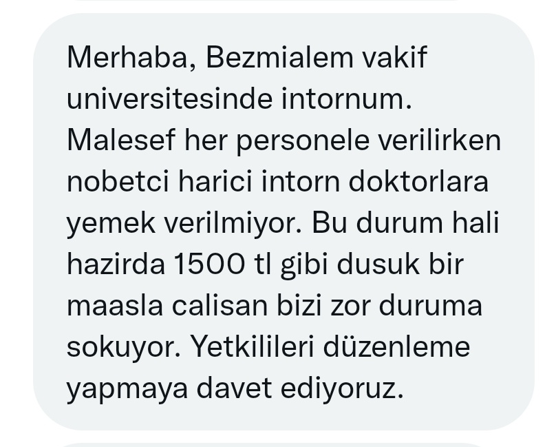 📌 Bezmialem Vakıf Ün.
<a href="/bezmialem/">Bezmiâlem Vakıf Üniversitesi</a>
İddia: İntern hekimlere öğle yemeği verilmiyor.

Sn. Rektör <a href="/BVU_Rektorluk/">Adem Akçakaya</a>, bu doğru ise düzeltin lütfen. Hiç yakıştıramadık!

<a href="/drfahrettinkoca/">Dr. Fahrettin Koca</a> <a href="/erolozvar/">Erol Özvar</a>