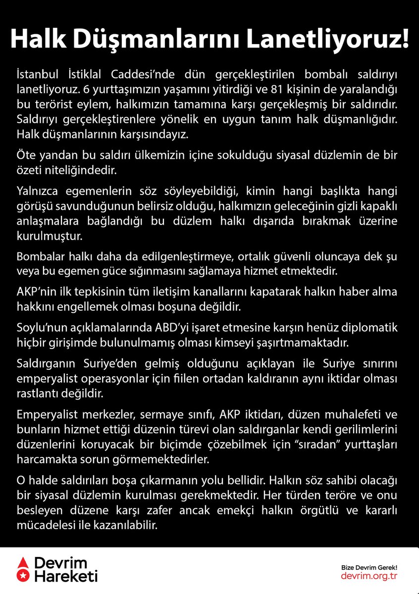 İstiklal Caddesi'nde dün gerçekleştirilen bombalı terör saldırısına ilişkin açıklama:

"Halk Düşmanlarını Lanetliyoruz!"
#İstanbul #istiklal #taksimpatlama