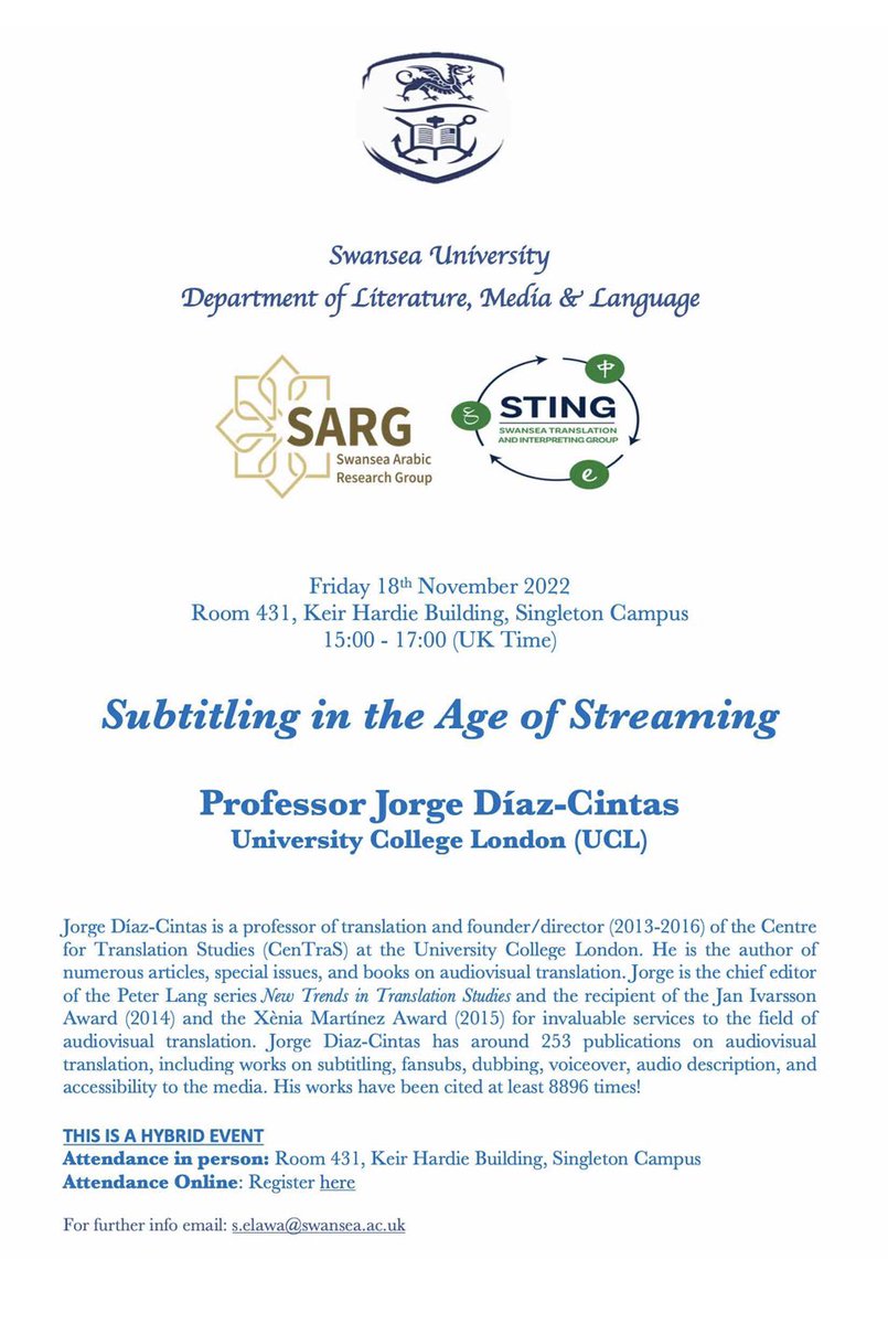 STINGSwansea's tweet photo. 18.11.22 3pm UK time All Welcome
@beshomoodi @GUTranslation @MonaBaker11 @safaa44alshlool  @SaldanhaViva @TransMetProject @MeLlamoJamesT @SU_EngLit_CW @SUMediaComm #talks @SwanseaUni #TRANSLATION #RETWEET #ترجمة #سترجة #translate #webinars Register: https://t.co/n5T0ZB2ckW https://t.co/uuzppQgsHq