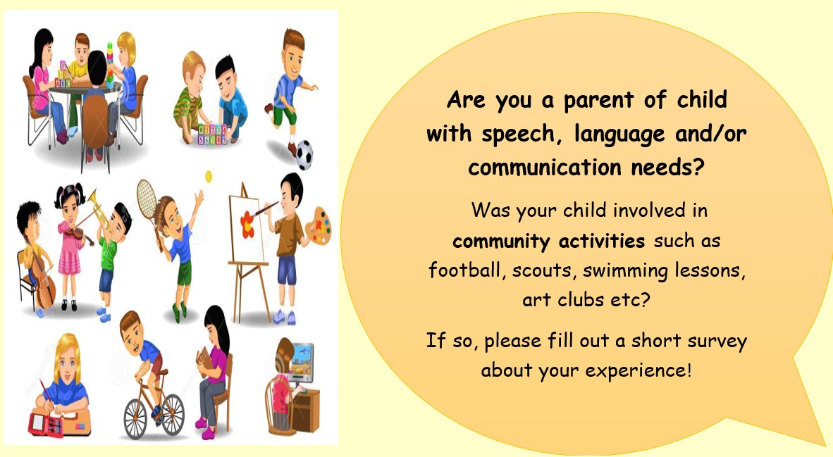 Daly_Leah_'s tweet photo. Are you a parent of a child with #speechlanguagecommunicationneeds #SLCN?

Was your child involved in community activities such as football, scouts, swimming lessons, art clubs etc?

If so, please fill out this short #survey about your experience!
https://t.co/p4EaPguNDR https://t.co/aVmsyJQ6Uk