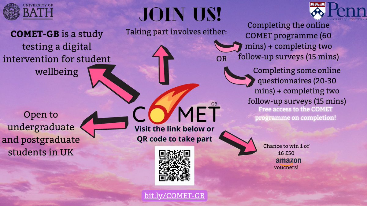 Scan the QR code below or follow this link: bit.ly/COMET-GB to take part in our #online #mentalhealth #researchstudy! Open to UK-based #undergraduates, #postgraduates and #doctoralstudents🧑‍🎓👩‍🎓

#AcademicTwitter