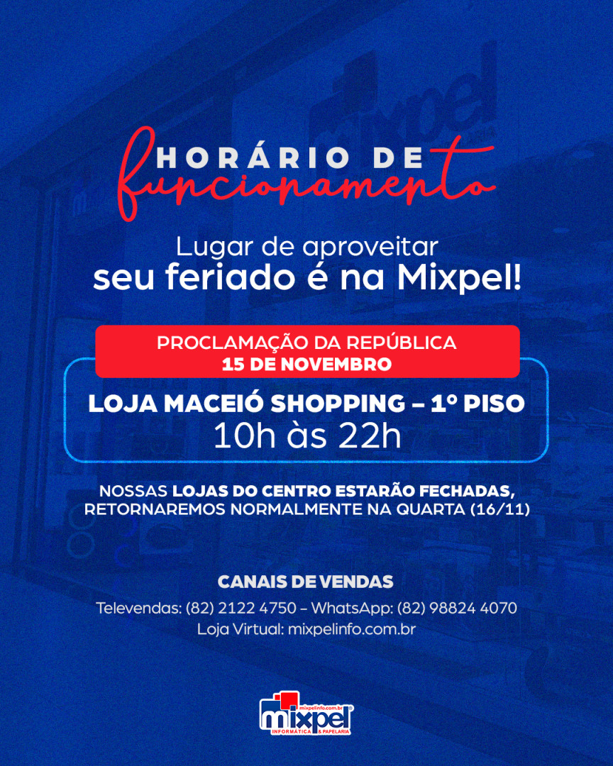 MixpelInfo's tweet photo. 📅 Confira nosso horário de funcionamento nesse feriado de Proclamação da Re... https://t.co/5To6LZjOQF https://t.co/hUb3pC9TF7