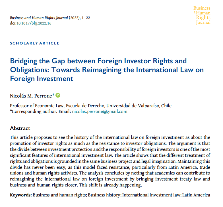 New paper: literature on int'l investment law has mainly focused on what the regime has: investor rights and ISDS, but much less on what lacks: investor obligations. This paper claims that what is missing is key to understanding the evolution of this legal regime