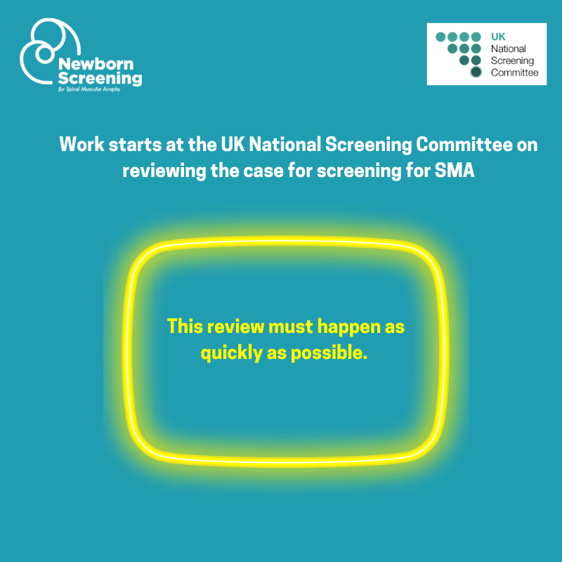 SMA_NBSalliance's tweet photo. The process has started! It's great news that the UK National Screening Committee are looking at evidence for New Born Screening for SMA. https://t.co/DiMLS3bjIS

#screentodayforsma #uknewbornscreening #raredisease #dontdelayforSMA https://t.co/xnRX3ogvcA