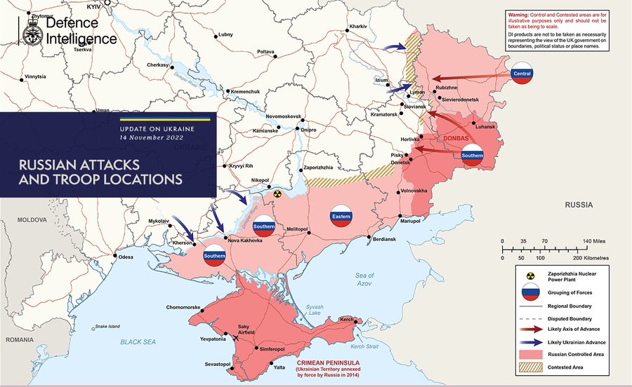 Russian attacks and troop locations map (14 November 2022).