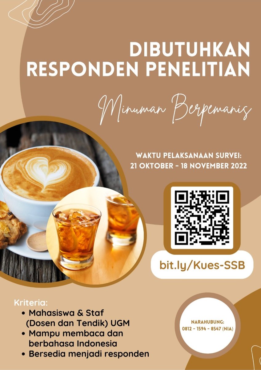 nialestarim's tweet photo. [DICARI RESPONDEN PENELITIAN!]

Kami mengundang Dosen / Tendik / Mahasiswa (diploma, sarjana, dan pascasarjana) aktif di seluruh Sekolah dan Fakultas UGM untuk  berpartisipasi dalam survei penelitian minuman berpemanis dengan mengisi kuesioner berikut: https://t.co/VDMvBKI4ci https://t.co/GPZAY7B1Id