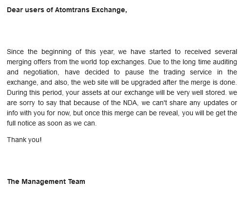 Atomic_Coin_Lab's tweet photo. 公式より最新情報です。
 要約すると
今年に入ってから、世界トップクラスの取引所から合併のオファーが相次いでいます。
サイトは合併後にアップグレードされる予定です。
お客様の資産はきちんと保存されます。
秘密保持契約のため現時点では最新情報をお伝えできないことを残念に思いますが、
続く https://t.co/SQXO6Dex6k