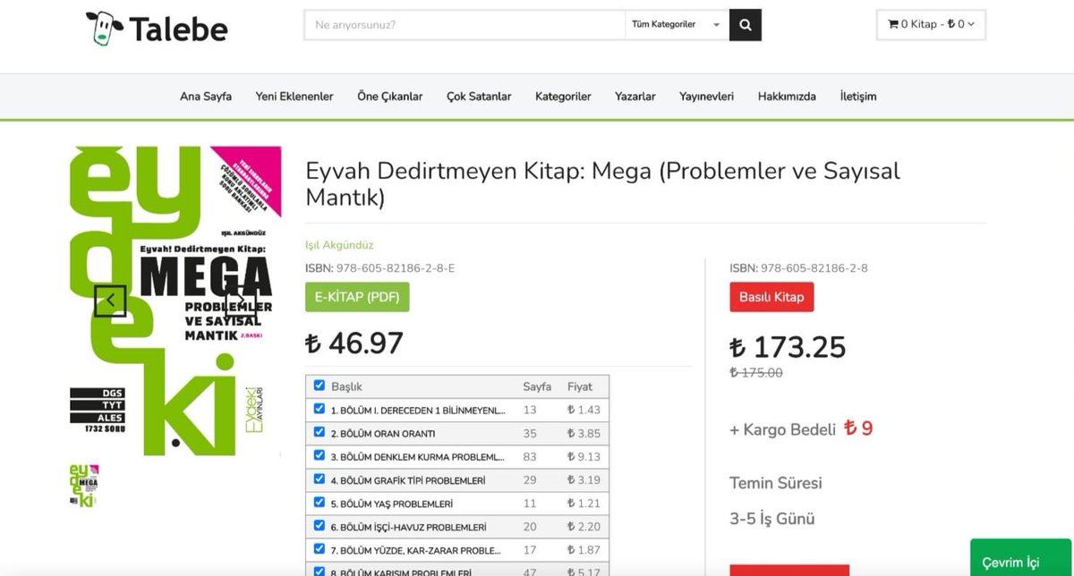 YENİ NESİL YAYINCILIK
Bölümlü ve POD opsiyonlu elektronik kitap dağıtım portalı.
Işıl Akgündüz Hocamızın DGS, TYT, ALES üzerine hazırladığı özet konu anlatımı ve çözümlü soruların olduğu "Eyvah Dedirtmeyen Kitap: Mega" adlı çalışmasına sitemizden ulaşabilirsiniz.