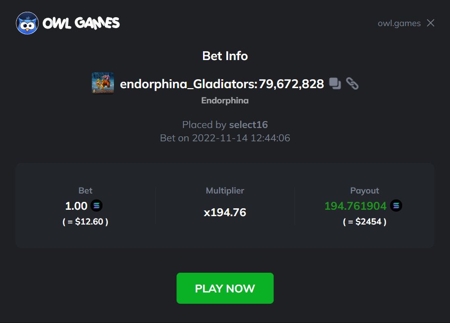 TheOwlGame's tweet photo. The huge variety of games we have allows you to make a profit in multiple ways!
As you can see, our friend select16 did it playing Gladiators.
⚔️ Join the fight! ⚔️
👉 https://t.co/jF6EwTfumt
#OwlGames #GetProfits #OwlDAO https://t.co/hFvG337zku