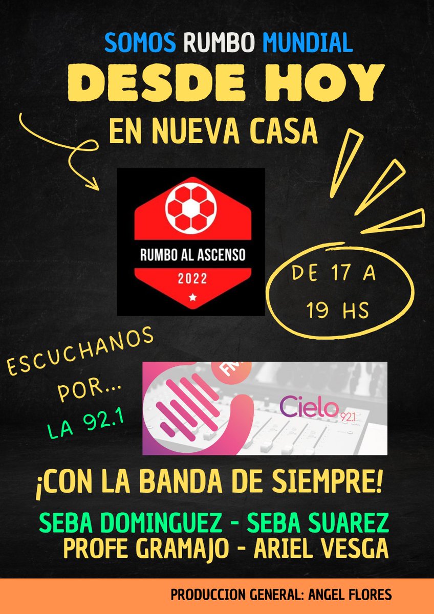 🎙¡Hoy arrancamos por la 92.1!
▶️ @cielo921 

✅ De 17 a 19 hs.
🤠Con la banda de siempre
✔️ <a href="/DominguezSeba4/">Sebastián Domínguez</a> <a href="/SuarezRelator/">Sebastián Suarez</a> <a href="/robertogramajo/">Roberto Gramajo</a> <a href="/arielvesga92/">Ariel Dario Vesga</a> <a href="/tincholopez309/">Tincho López</a> <a href="/GimenezHugoF/">Hugo F Giménez</a> <a href="/santitangona/">Santiago Tangona</a> <a href="/tanniaros/">Tania Fernández</a> #AleMartirene <a href="/RodrigoRamos78/">Lobo Ramos</a> 
⚠️ Producción <a href="/angelportezuelo/">Angel Flores</a>