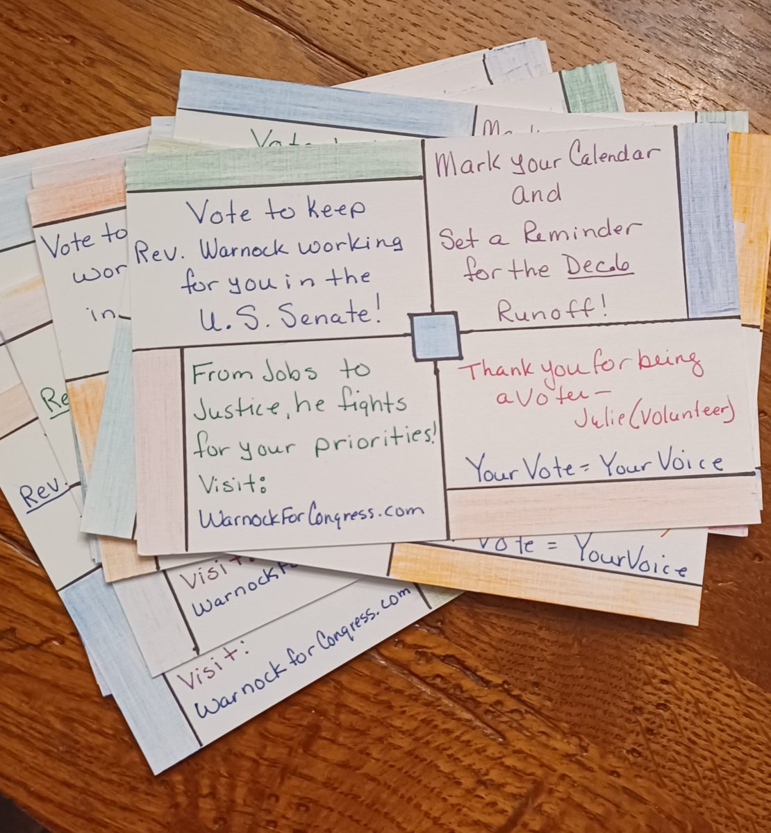 30 #PostcardsToVoters mailed on Saturday and 20 more dropped in the mailbox this morning in support of Rev. Warnock in the runoff election.  #WarnockForGeorgia #WarnockWorksForGA #Vote2022 #VoteBlue #GArunoff #Dec6