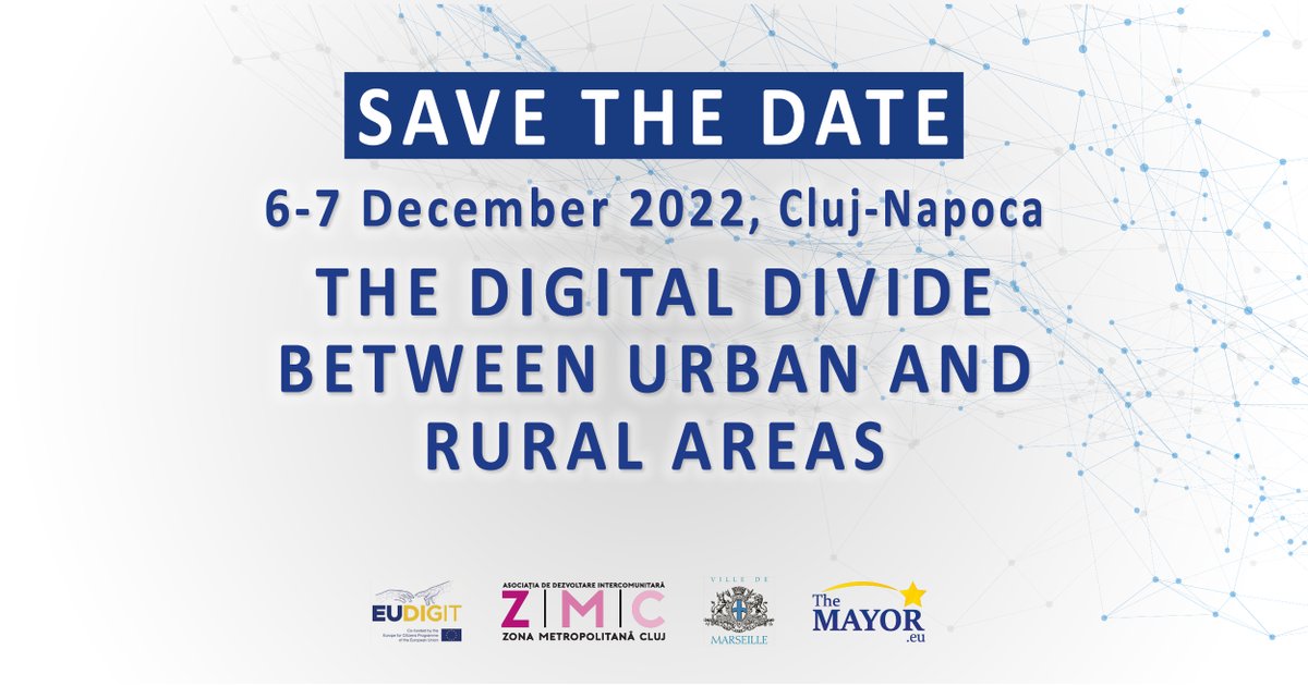 EUDIGIT_Network's tweet photo. #SaveTheDate #HybridEvent
The final #EUDIGIT seminar is only a few days away. Hosted by the City of Cluj-Napoca, it will focus on the #Digitalgap between #urban and #rural areas.
Registration opens soon. Follow us for updates.
#DigitalTransformation https://t.co/pQ610K2Afc