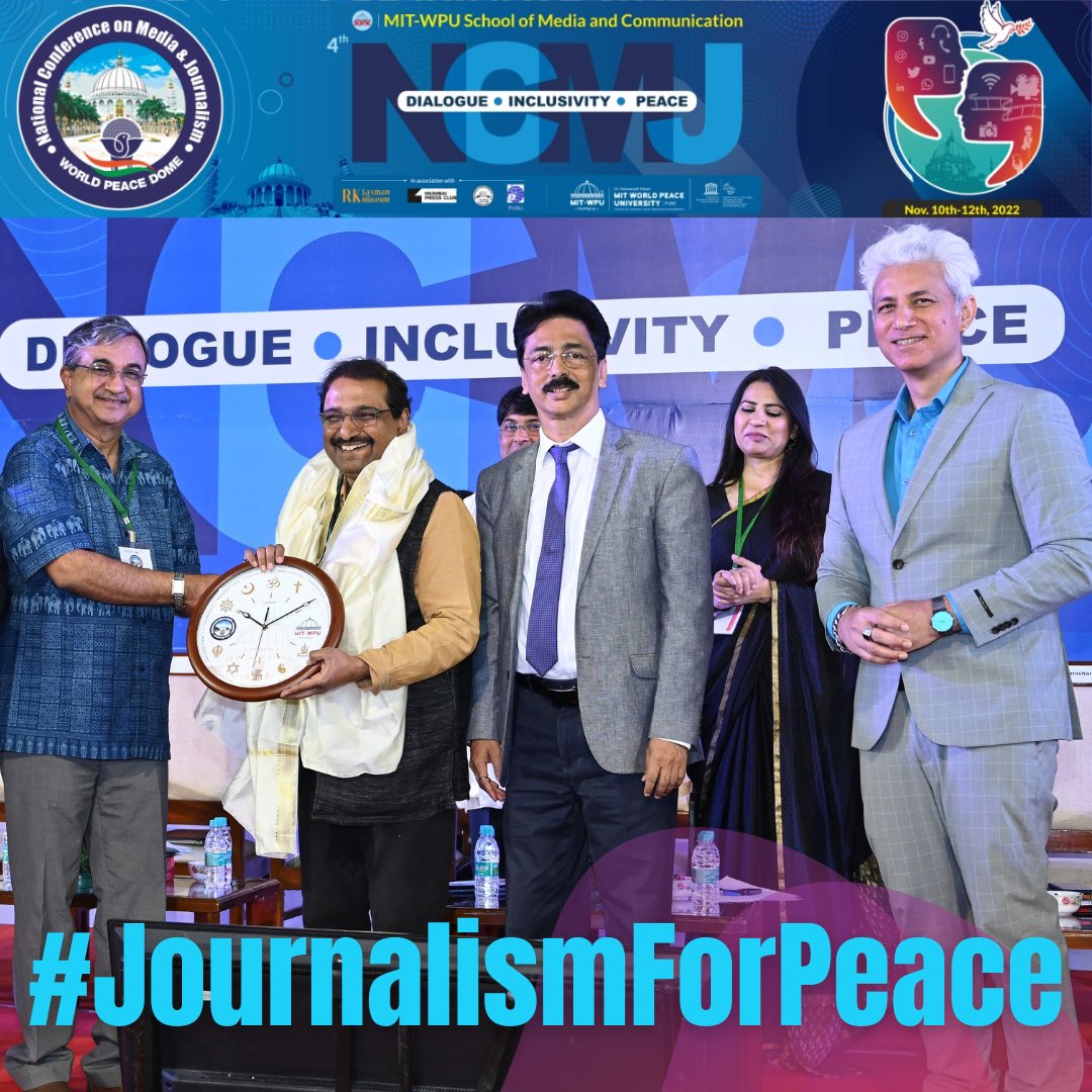 MITWPU_SOMC's tweet photo. GLIMPSES FROM THE VALEDICTORY

Our speakers being felicitated at the valedictory session of the 4th National Conference on Media &amp; Journalism

#MITWPU #media #journalism #NCMJ #peace #press #awards #journalismawards #peaceawards #journalismforpeace #WorldPeaceDome #Pune https://t.co/vZOx3Jbyl9
