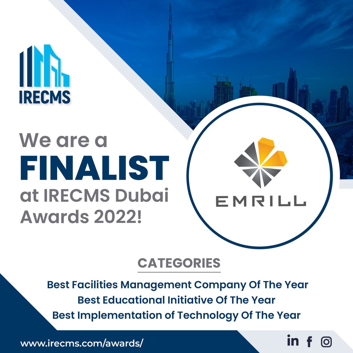 EmrillServices's tweet photo. Weβre pleased to announce that Emrill has been shortlisted in the following categories at the @irecms Awards'22:
β’Best Facilities Management Company of the Year
β’Best Educational Initiative of the Year
β’Best Implementation Technology of the Year
#ProudlyEmrill #IRECMS https://t.co/budzCIwjE2