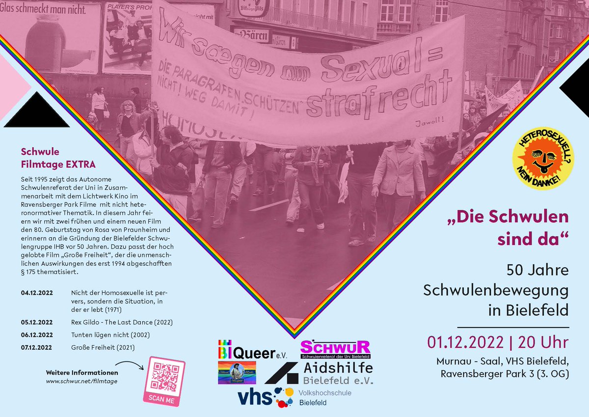 ingo_paetzold's tweet photo. Am 1.12. feiert die Initativgruppe Homosexualität ihr 50. Jubiläum in der VHS Bielefeld. Wir werden unter anderem darüber diskutieren, wie die in den 70er Jahren erkämpfte schwule Identität in der heute verbreiteten queeren Identität aufgeht. #queerhistory #Kontinuitäten https://t.co/AbxMY3w5un