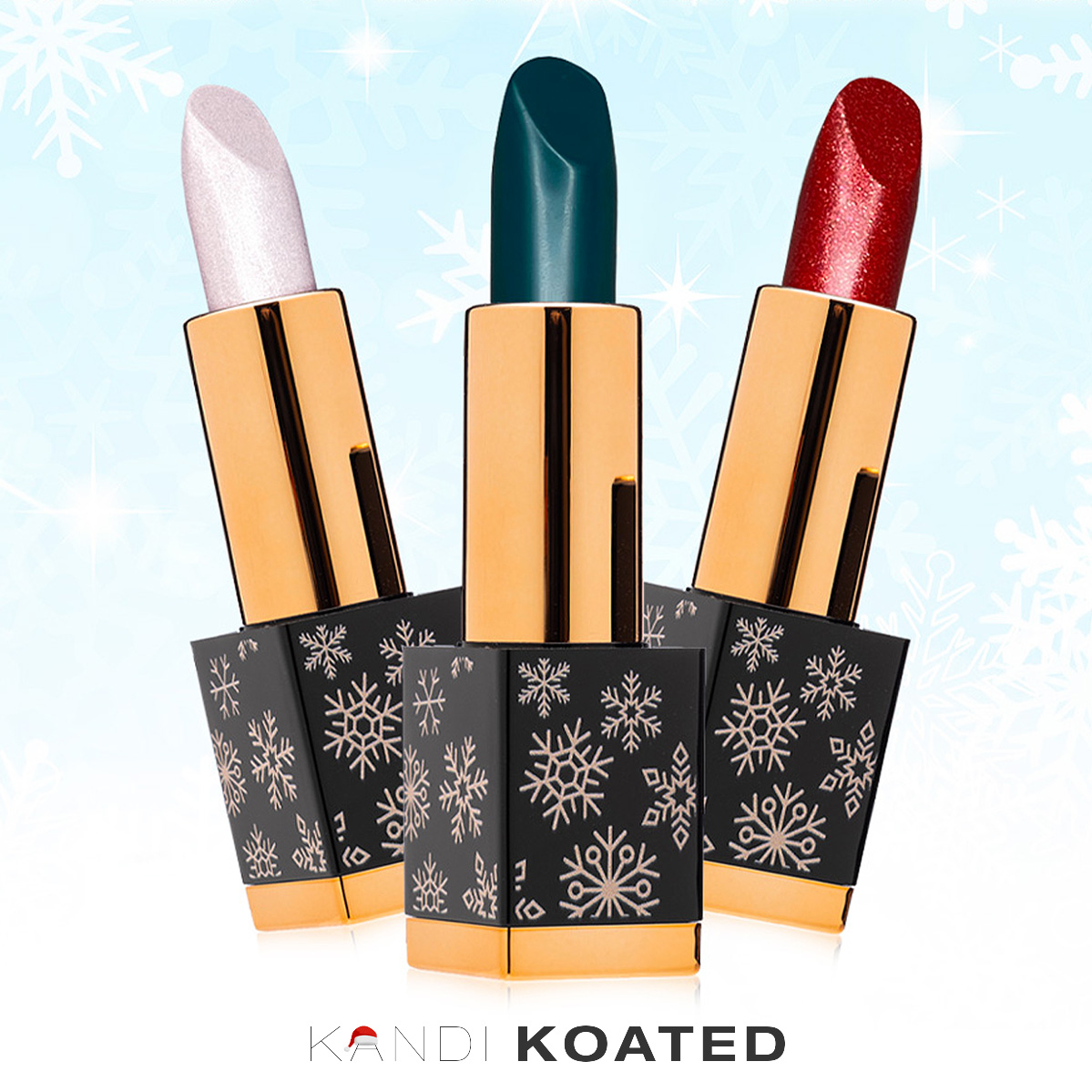 Get in the spirit of the holiday season with our specialty winter lipsticks! Our custom snowflake lipstick tube accompanies our shades of  "Snow Queen" white, "Joyous Kwanzaa" green,  and "Kandi Klaus Red."  Get all three with our "Shimmer under the Mistletoe" gift set!