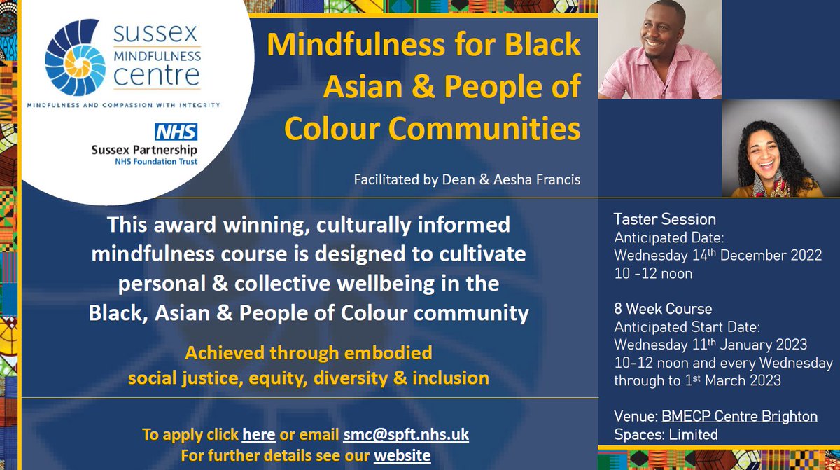 We're so excited to be offering this mindfulness-based inclusion training for Black, Asian and People of Colour in #Brighton &amp; #Hove. Please help us promote this as widely as possible. #mindfulness bit.ly/3WZP6vX