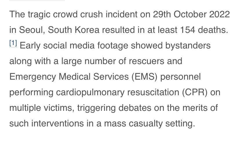 The importance of maximising lifesaving interventions in crowd crush incidents. Our (@DrDerrickTin ,@DrGregCiottone ) recent publication in @ResusJournal resuscitationjournal.com/article/S0300-… #masscasualty #disastermedicine #resuscitation @harvardmed @BIDMChealth