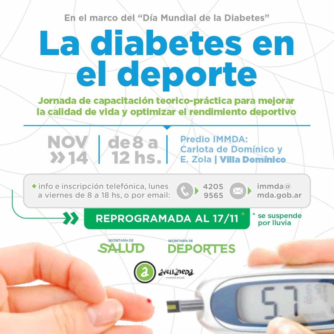 [ Actividad Reprogramada] En el marco del Día Mundial de la Diabetes, el Municipio realizará la jornada “La diabetes en el deporte”. 

🔴17/11, de 8 a 12hs, en el predio IMMDA de Villa Domínico.

👉Info/ inscripción: 4205-9565 / immda@mda.gob.ar