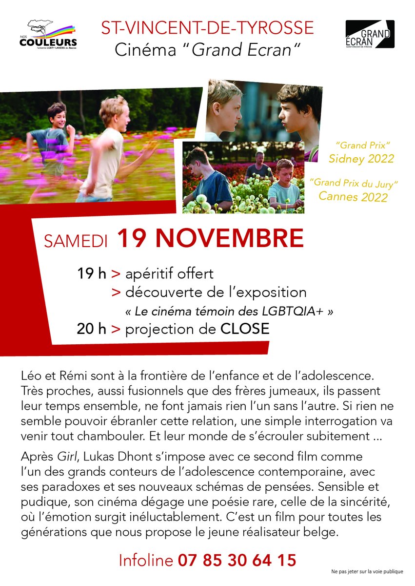Soirée exceptionnelle organisée samedi 19/11  par <a href="/CouleursLGBTI40/">Nos Couleurs LGBT+ Landes</a> au cinéma Grand Ecran de #Tyrosse autour  de #Close de Lukas Dhont  <a href="/SO_Landes/">Sud Ouest Landes</a>    <a href="/ActuLandes/">Actu Landes</a> @Bleu_Gascogne  <a href="/souvenirsfmdax/">SOUVENIRS FM</a>    <a href="/Radio_mdm40/">Radio MDM</a>  <a href="/HapchotWebradio/">Radio Hapchot</a>  <a href="/cotesudfm/">Côte Sud FM</a>