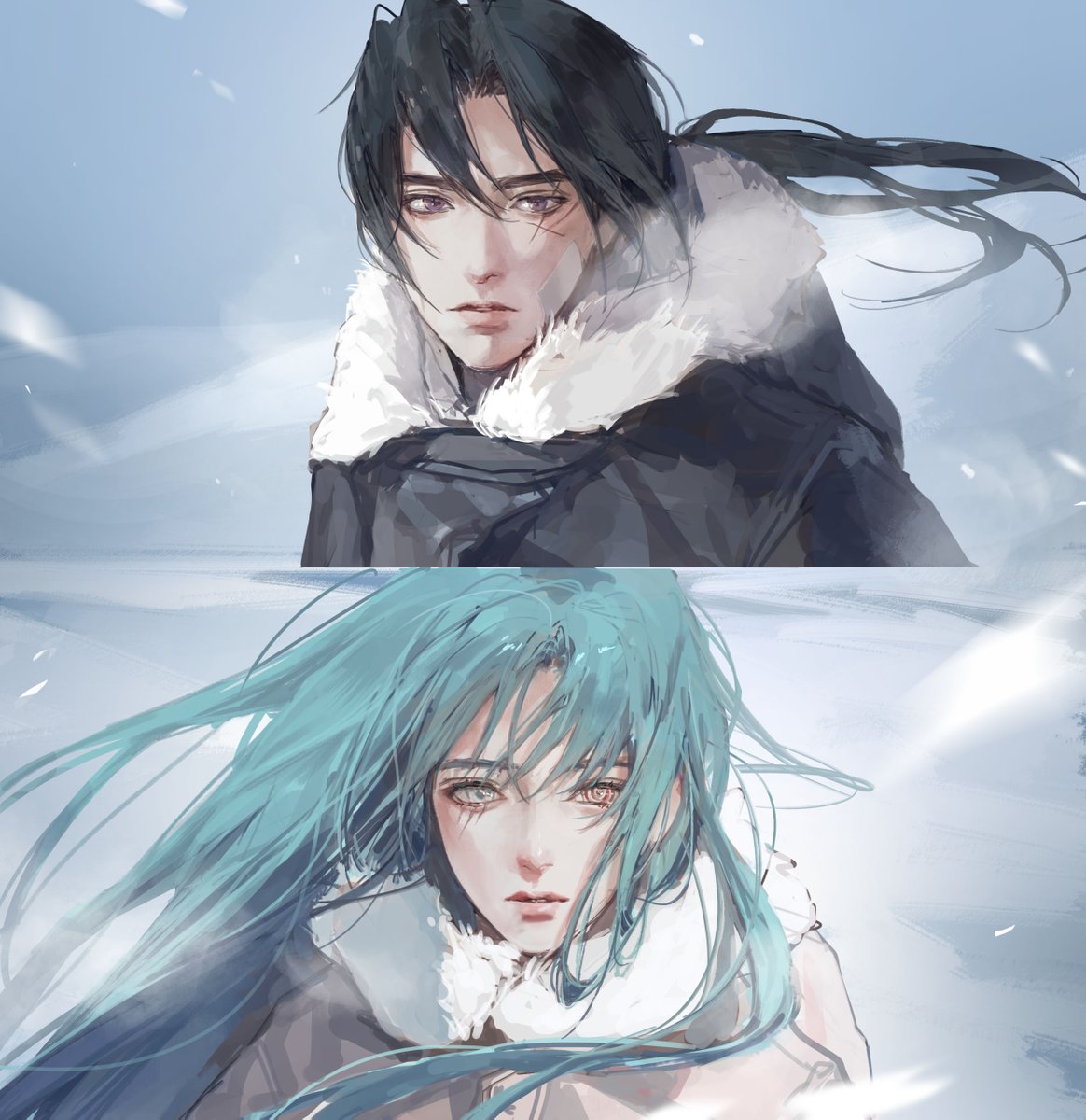 지인분 자캐커플 그렸는데 넘 잼썻네요.. ^.^ 💙🖤낙서..개인그림..넘 오랜만.. 겨울 짱 우하하