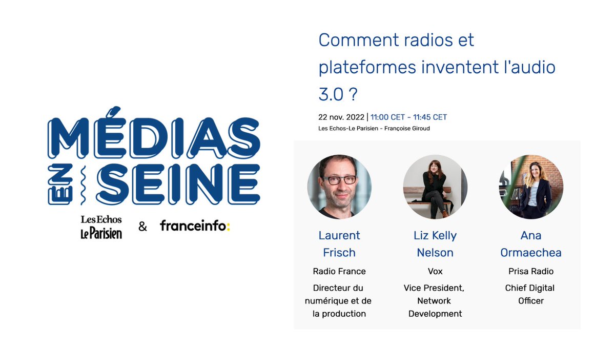 majelan_x's tweet photo. #MédiasenSeine RDV le 22/11 au Groupe @LesEchos @le_Parisien pour suivre le débat
↘️
 𝐂𝐨𝐦𝐦𝐞𝐧𝐭 𝐫𝐚𝐝𝐢𝐨𝐬 𝐞𝐭 𝐩𝐥𝐚𝐭𝐞𝐟𝐨𝐫𝐦𝐞𝐬 𝐢𝐧𝐯𝐞𝐧𝐭𝐞𝐧𝐭 𝐥'𝐚𝐮𝐝𝐢𝐨 𝟑.𝟎 ? 
↗️
Inscription gratuite 👉 https://t.co/gL52OQHhGE
@laurentfrisch 
@lizkellynelson 
@aormaechea https://t.co/jhGTFXZiYz
