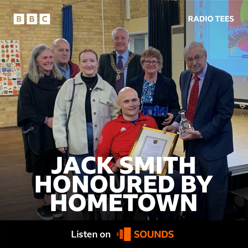 BBCTees's tweet photo. 🏉 Paralympic #TeamGB gold medallist, @JDSmith91, received the title of 'Honorary Freeman of Sedgefield' 👏

🗣️ @louise_bfh went to his old primary school for the surprise 🎉