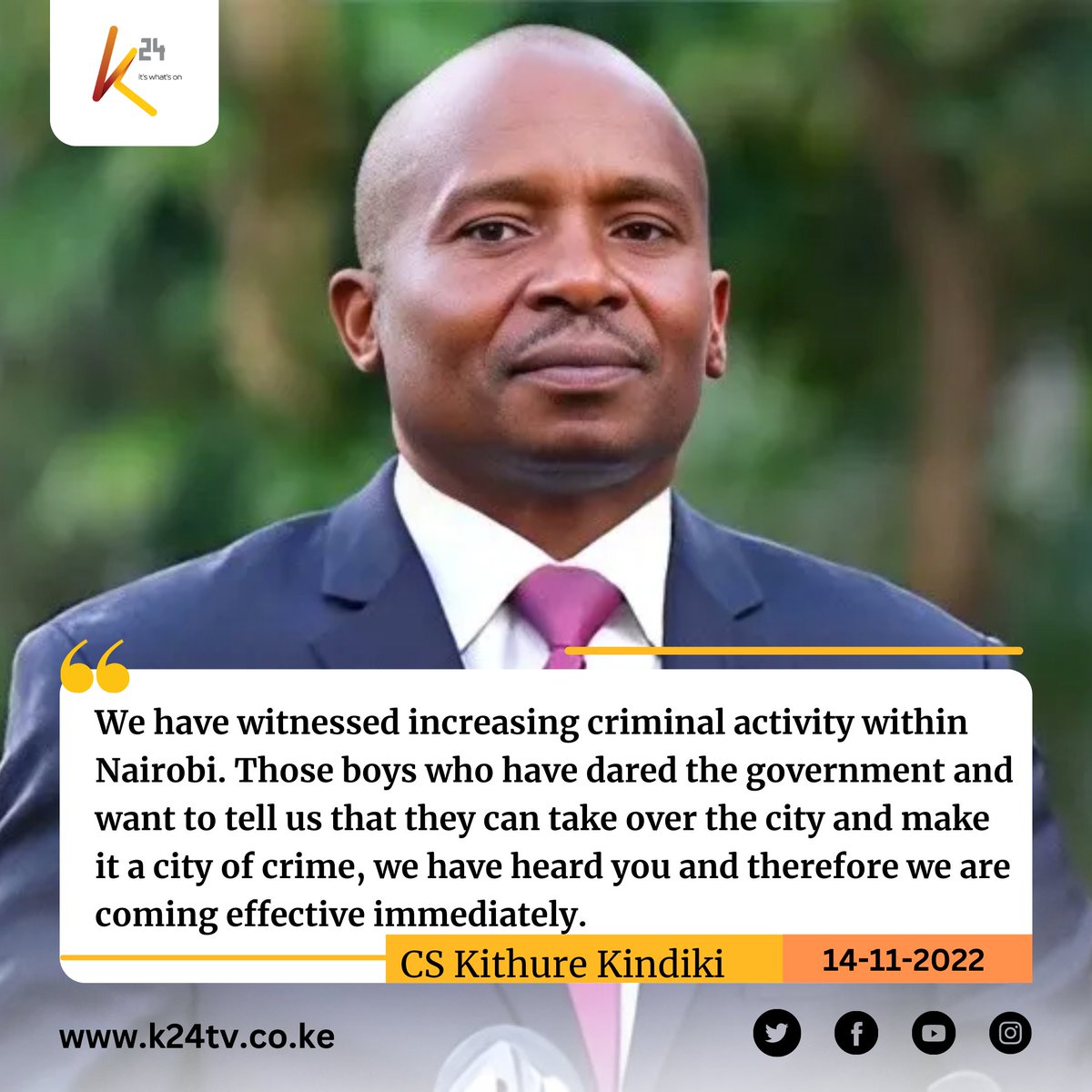 K24Tv's tweet image. CS Kindiki: Those boys who have dared the government and want to tell us that they can take over the city and make it a city of crime, we have heard you and therefore we are coming effective immediately.