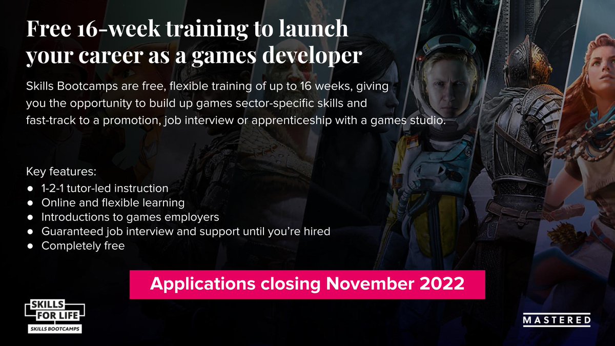 📢 GAMES BOOTCAMP! 📢

Mastered is now offering free places on their Games Developer Bootcamp!

Candidates receive:
✍️ 16 weeks of 1-2-1 mentor-led training
✍️ guaranteed job interview 
✍️ career support

Open til end of November.

🔗 Apply now: hubs.li/Q01pHczG0